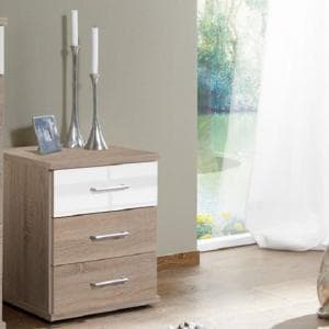 Gastineau 3 Drawer Bedside Cabinet In Oak And White Alpine Gloss - UK