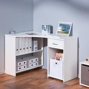 Halifax Corner Computer Desk In White With Drawer And Shelves - UK