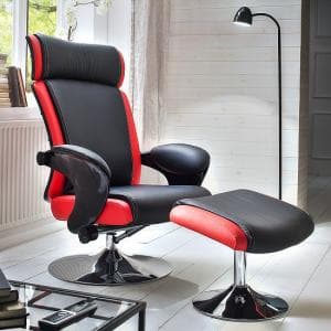 Liam Reclining Chair In Black And Red Faux Leather With Stool - UK