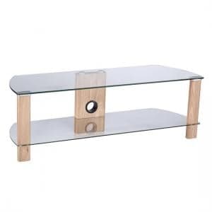 Clevedon Small Clear Glass TV Stand With Light Oak Frame - UK