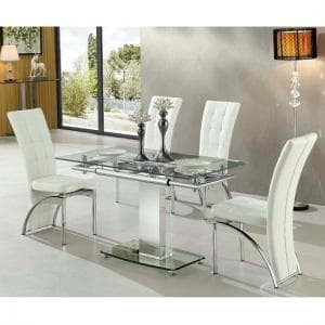 Enke Extending Glass Dining Table With 4 Ravenna White Chairs - UK