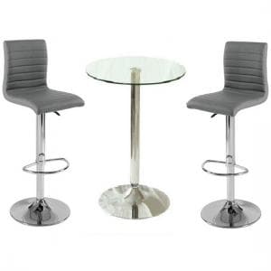 Gino Clear Glass Bar Table With 2 Ripple Grey Stools - UK
