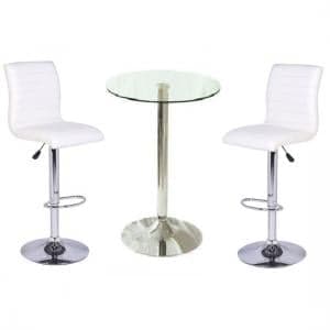 Gino Clear Glass Bar Table With 2 Ripple White Stools - UK