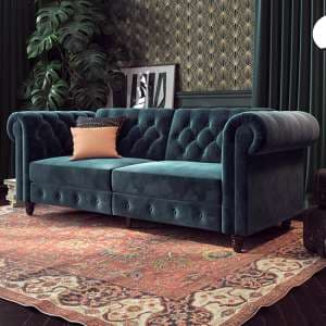Flex Velvet Sofa Bed With Wooden Legs In Blue - UK