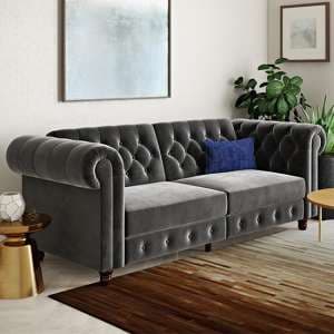 Flex Velvet Sofa Bed With Wooden Legs In Grey - UK