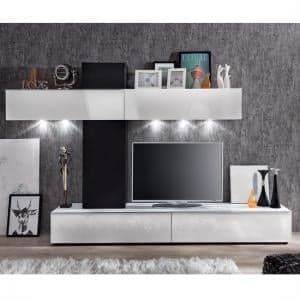 Bremen Living Room Wall Unit In White Gloss And Black With LED - UK
