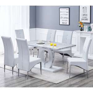 Halo Magnesia Marble Effect Dining Table 6 Vesta White Chairs - UK