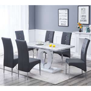 Halo Magnesia Marble Effect Dining Table 6 Vesta Grey Chairs - UK