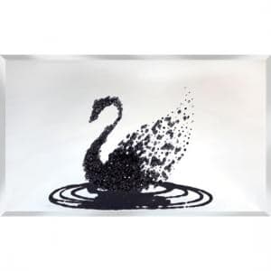 Peyton Glass Wall Art In Black Glitter Swan On Silver Mirror - UK