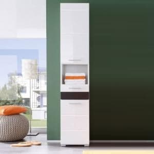 Mezzo Tall Bathroom Cabinet In White With High Gloss Fronts - UK
