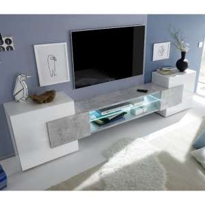 Nevaeh Wooden TV Stand In White High Gloss And Cement Effect - UK