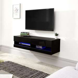 Goole Wall Mounted Small TV Wall Unit In Black Gloss With LED - UK