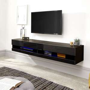 Goole Wall Mounted Large TV Wall Unit In Black Gloss With LED - UK