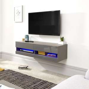 Goole Wall Mounted Small TV Wall Unit In Grey Gloss With LED - UK