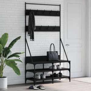 Akron Wooden Clothes Rack With Shoe Storage In Black - UK
