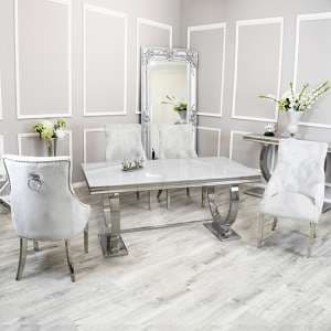 Alto White Glass Dining Table With 8 Dessel Light Grey Chairs - UK