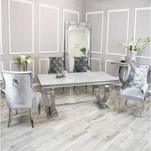 Alto White Glass Dining Table With 8 Dessel Pewter Chairs - UK