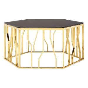 Alvara Hexagonal Black Glass Top Coffee Table With Gold Frame - UK