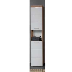 Amanda Tall Storage Cabinet In White Gloss And Knotty Oak - UK
