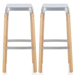 Amityville Glossy Silver 66cm Metal Bar Stools In Pair - UK
