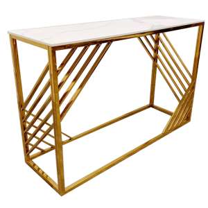 Arcata Polar White Sintered Top Console Table With Gold Frame - UK