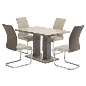 Aarina Latte Gloss Dining Table With 4 Joster Taupe Chairs - UK