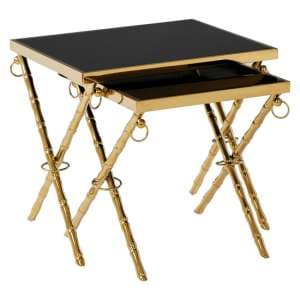 Arezza Black Glass Top Nest Of 2 Tables With Gold Steel Legs - UK