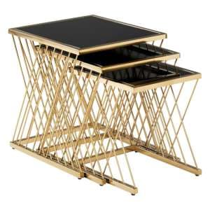 Arezza Black Glass Top Nest Of 3 Tables With Gold Steel Frame - UK