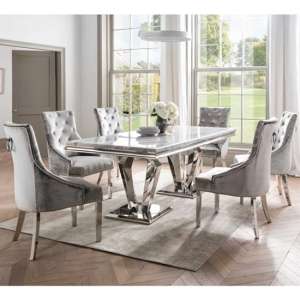 Arleen Large Marble Dining Table With 8 Bevin Pewter Chairs - UK