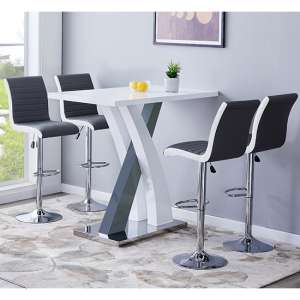 Axara Gloss Bar Table In White Grey 4 Ritz Grey White Stools - UK