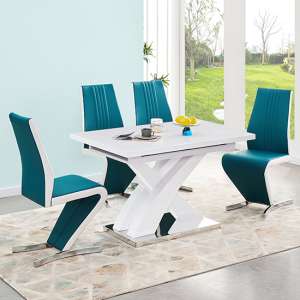 Axara Small Extending White Dining Table 4 Gia Teal Chairs - UK