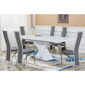 Axara Large Extending White Dining Table 6 Chicago Grey Chairs - UK