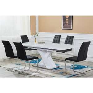 Axara Large Extending White Dining Table 6 Paris Black Chairs - UK