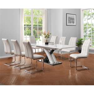 Axara Large Extending Grey Dining Table 8 Paris White Chairs - UK