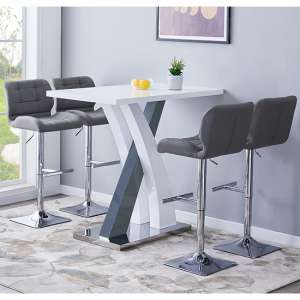 Axara High Gloss Bar Table In White Grey 4 Candid Grey Stools - UK