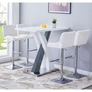 Axara High Gloss Bar Table In White Grey 4 Candid White Stools - UK