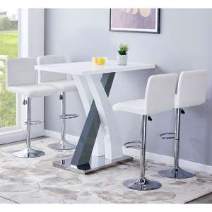 Axara High Gloss Bar Table In White Grey 4 Coco White Stools - UK
