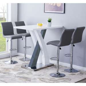 Axara High Gloss Bar Table In White Grey 4 Ripple Grey Stools - UK