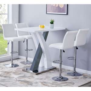 Axara High Gloss Bar Table In White Grey 4 Ripple White Stools - UK