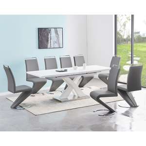 Axara Large Extending White Dining Table 8 Summer Grey Chairs - UK