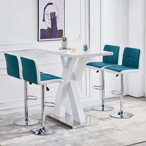 Axara White High Gloss Bar Table With 4 Copez Teal White Stools - UK