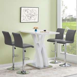 Axara White High Gloss Bar Table With 4 Ripple Grey Stools - UK