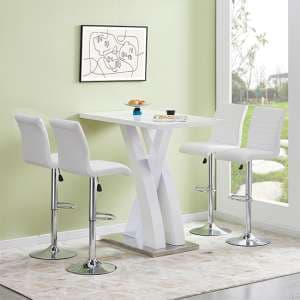 Axara White High Gloss Bar Table With 4 Ripple White Stools - UK