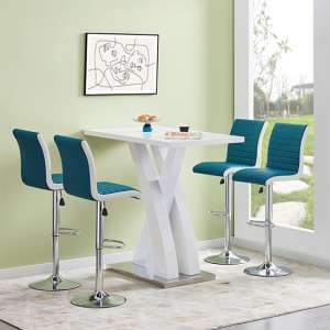 Axara White High Gloss Bar Table With 4 Ritz Teal White Stools - UK
