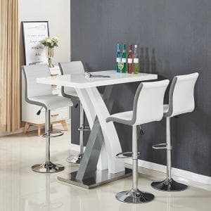 Axara Gloss Bar Table In White Grey 4 Ritz White Grey Stools - UK