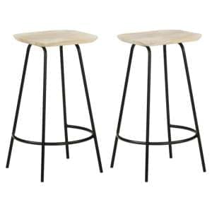 Azul Natural Wooden Bar Stools With Black Metal Frame In A Pair - UK