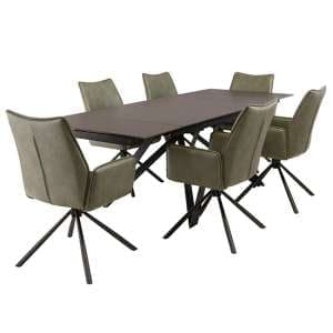 Beatty Extending Stone Dining Table With 6 Galena Green Chairs - UK