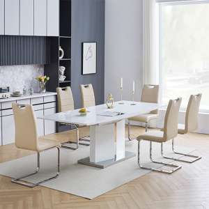 Belmonte White Dining Table Large 6 Petra Taupe Chairs - UK