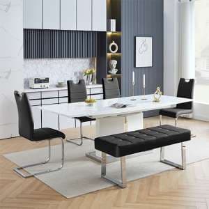 Belmonte White Dining Table Large 4 Petra Black Chairs Bench - UK