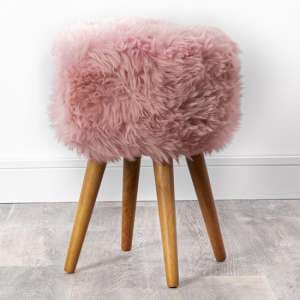Bovril Sheepskin Stool With Oak Wooden Legs In Blush Pink - UK